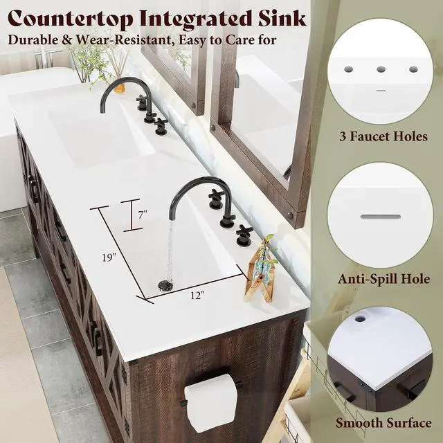 Alt view image 2 of 7 - 60" Bathroom Vanity with Double Sink, Farmhouse Freestanding Vanity Cabinet with Sink, 2 Drawers, 4 Barn Doors, Open Shelf, Rustic Storage for Master or Family Bathroom, Rustic Brown