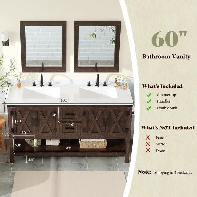 Alt view image 3 of 7 - 60" Bathroom Vanity with Double Sink, Farmhouse Freestanding Vanity Cabinet with Sink, 2 Drawers, 4 Barn Doors, Open Shelf, Rustic Storage for Master or Family Bathroom, Rustic Brown