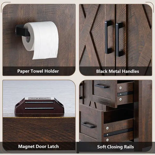 Alt view image 6 of 7 - 60" Bathroom Vanity with Double Sink, Farmhouse Freestanding Vanity Cabinet with Sink, 2 Drawers, 4 Barn Doors, Open Shelf, Rustic Storage for Master or Family Bathroom, Rustic Brown