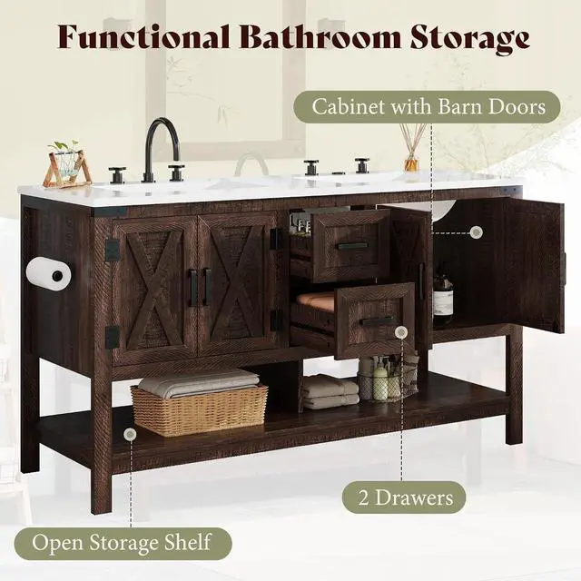 Alt view image 5 of 7 - 60" Bathroom Vanity with Double Sink, Farmhouse Freestanding Vanity Cabinet with Sink, 2 Drawers, 4 Barn Doors, Open Shelf, Rustic Storage for Master or Family Bathroom, Rustic Brown