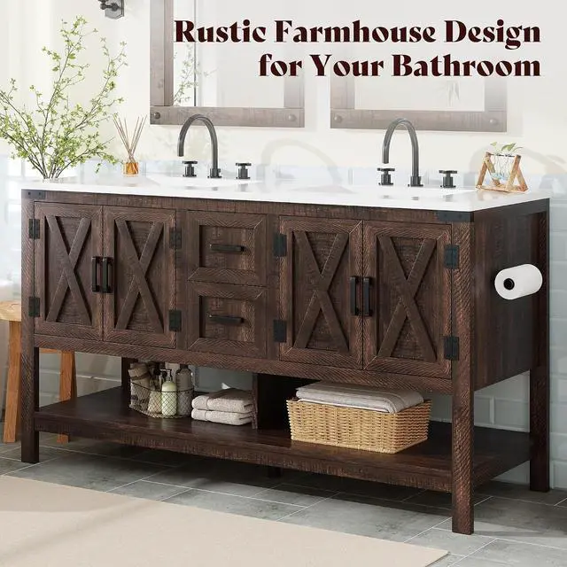 Alt view image 7 of 7 - 60" Bathroom Vanity with Double Sink, Farmhouse Freestanding Vanity Cabinet with Sink, 2 Drawers, 4 Barn Doors, Open Shelf, Rustic Storage for Master or Family Bathroom, Rustic Brown