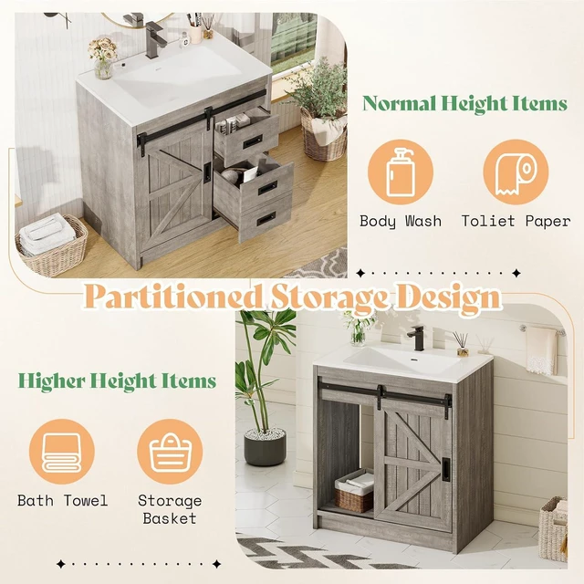 Alt view image 4 of 7 - Farmhouse Bathroom Vanity with Sink Combo, 30in Sliding Barn Door Bathroom Vanity Cabinet Set with Storage Drawers, Metal Handles, Small Single Bath Storage Vanity Sink, Light Grey