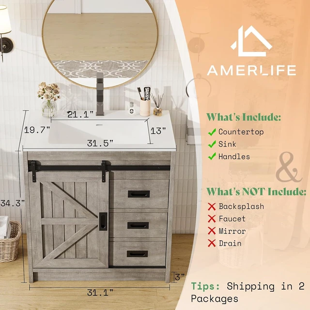 Alt view image 6 of 7 - Farmhouse Bathroom Vanity with Sink Combo, 30in Sliding Barn Door Bathroom Vanity Cabinet Set with Storage Drawers, Metal Handles, Small Single Bath Storage Vanity Sink, Light Grey
