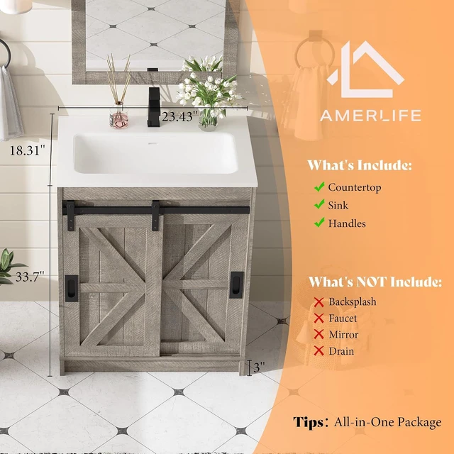 Alt view image 2 of 7 - 24'' Farmhouse Bathroom Vanity with Sink, Freestanding Small Bathroom Vanity Cabinet, Single Sink Combo with Sliding Barn Doors, U-Shaped Storage Shelf, Light Grey