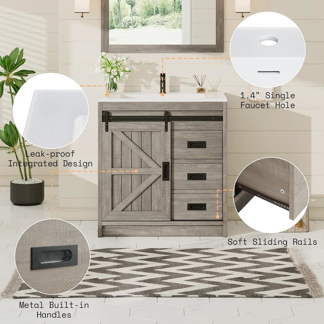 Alt view image 5 of 7 - Farmhouse Bathroom Vanity with Sink Combo, 30in Sliding Barn Door Bathroom Vanity Cabinet Set with Storage Drawers, Metal Handles, Small Single Bath Storage Vanity Sink, Light Grey
