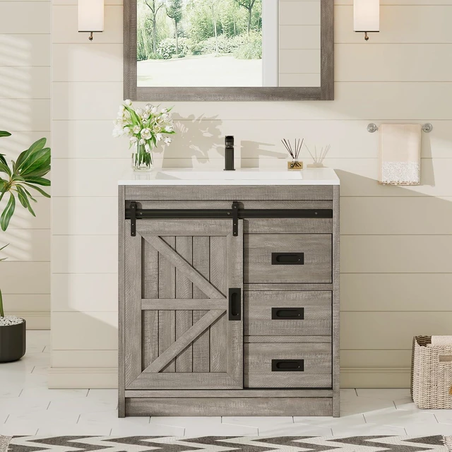 Alt view image 7 of 7 - Farmhouse Bathroom Vanity with Sink Combo, 30in Sliding Barn Door Bathroom Vanity Cabinet Set with Storage Drawers, Metal Handles, Small Single Bath Storage Vanity Sink, Light Grey