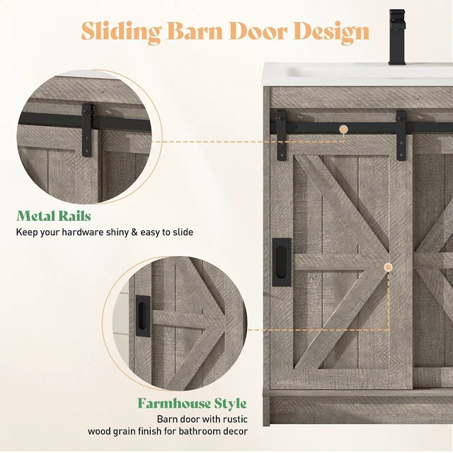 Alt view image 3 of 7 - 24'' Farmhouse Bathroom Vanity with Sink, Freestanding Small Bathroom Vanity Cabinet, Single Sink Combo with Sliding Barn Doors, U-Shaped Storage Shelf, Light Grey
