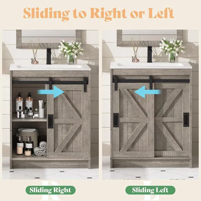 Alt view image 4 of 7 - 24'' Farmhouse Bathroom Vanity with Sink, Freestanding Small Bathroom Vanity Cabinet, Single Sink Combo with Sliding Barn Doors, U-Shaped Storage Shelf, Light Grey