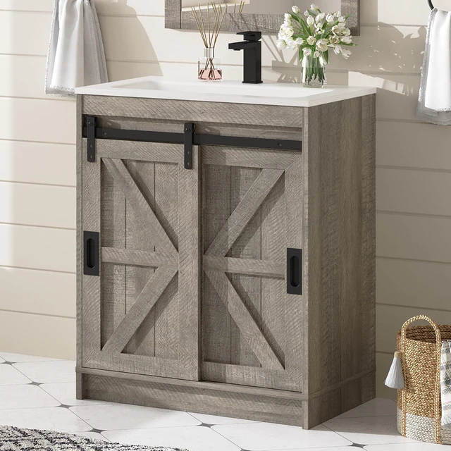 Alt view image 7 of 7 - 24'' Farmhouse Bathroom Vanity with Sink, Freestanding Small Bathroom Vanity Cabinet, Single Sink Combo with Sliding Barn Doors, U-Shaped Storage Shelf, Light Grey