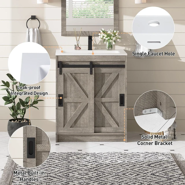 Alt view image 6 of 7 - 24'' Farmhouse Bathroom Vanity with Sink, Freestanding Small Bathroom Vanity Cabinet, Single Sink Combo with Sliding Barn Doors, U-Shaped Storage Shelf, Light Grey