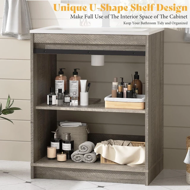 Alt view image 5 of 7 - 24'' Farmhouse Bathroom Vanity with Sink, Freestanding Small Bathroom Vanity Cabinet, Single Sink Combo with Sliding Barn Doors, U-Shaped Storage Shelf, Light Grey