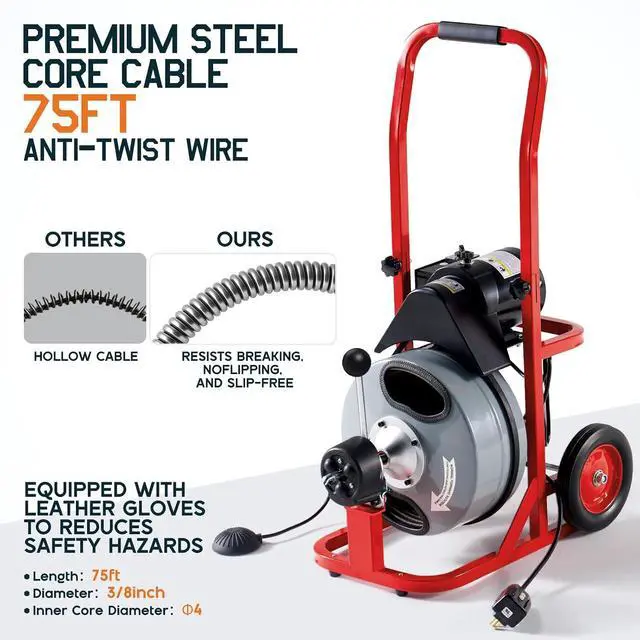 Alt view image 4 of 7 - 75 FT x 3/8 inch Electric Drain Cleaner Machine with Auto-Feed & 10 Cutters, Sewer Snake Auger for 14 Inch Pipes, Foot Switch & Wheels, Ideal for Commercial & Home Use, Gray/Red