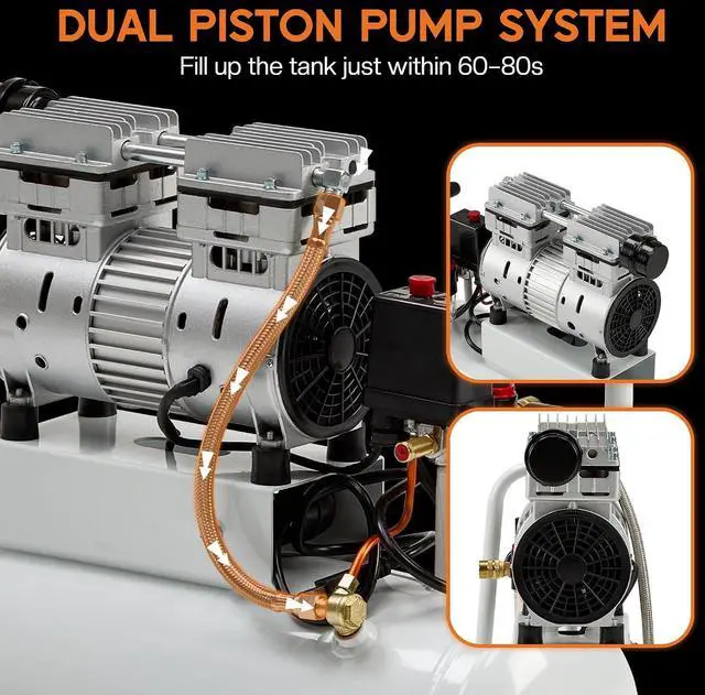 Alt view image 4 of 7 - 8 Gallon Oil-Free Air Compressor with Automatic Drain Valve | 1 HP Wheeled Tank Portable Garage Air Supply 70 dB Noise Level Pneumatic Tool Tire Inflation Use
