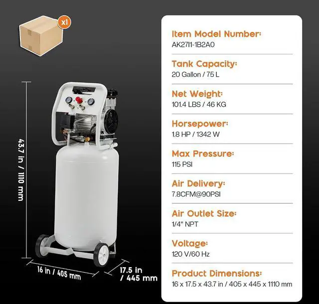 Alt view image 2 of 7 - 20 Gallon Electric Air Compressor, 1.8 HP Vertical Wheeled Tank | Oil-Free Air Compressor with Copper Motor 120 PSI Max Garage Air Supply Pneumatic Tool Tire Inflation Use