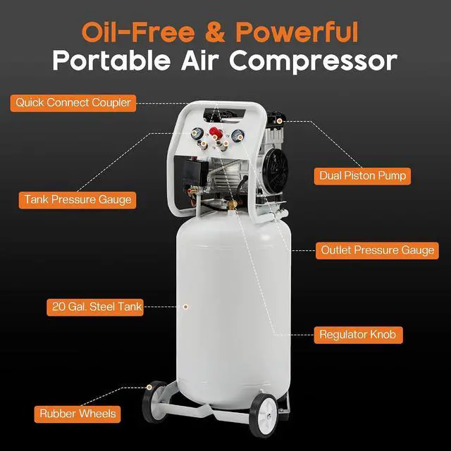 Alt view image 5 of 7 - 20 Gallon Electric Air Compressor, 1.8 HP Vertical Wheeled Tank | Oil-Free Air Compressor with Copper Motor 120 PSI Max Garage Air Supply Pneumatic Tool Tire Inflation Use