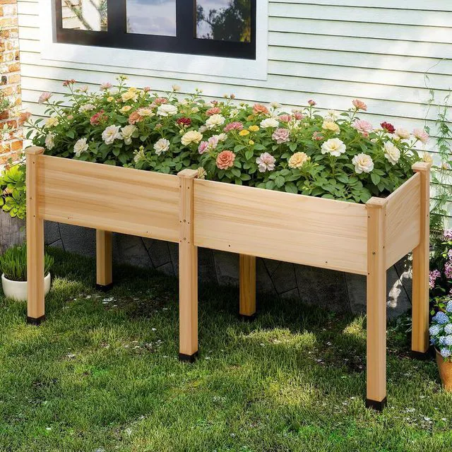 Main image of Raised Garden Bed, 72x24x30 Inches Elevated Wood Planter Box with Legs, Bed Liner, Divider and Drainage System for Backyard, Patio, 300 lb Capacity - Light Wood