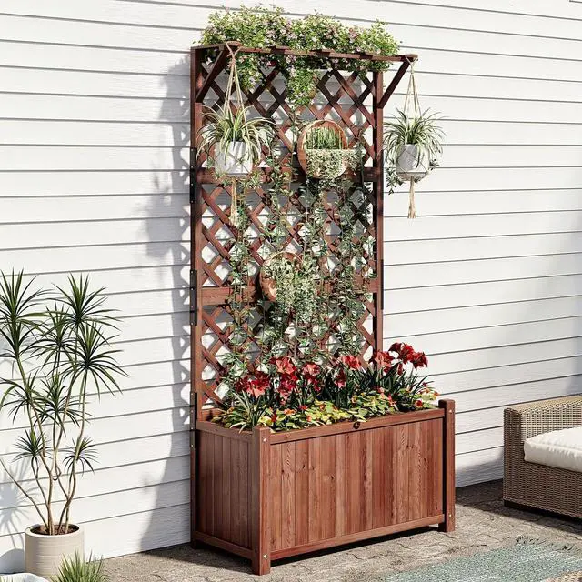 Main image of Raised Garden Bed with Trellis for Vegetables, Climbing Plants, Durable Natural Wood Planter Box with Drainage Holes, Privacy Planter for Outdoor Yard & Patio, Easy Assembly