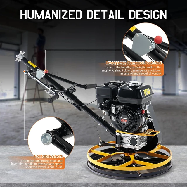 Alt view image 6 of 7 - Commercial Power Trowel, 24" Concrete Finisher with Float Pan | 6.5 HP Gas Engine Walk-Behind Operation 4 Blades Trowel System Smooth Surface Finishing Contractor Jobsite Use