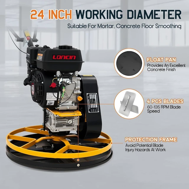 Alt view image 4 of 7 - Commercial Power Trowel, 24" Concrete Finisher with Float Pan | 6.5 HP Gas Engine Walk-Behind Operation 4 Blades Trowel System Smooth Surface Finishing Contractor Jobsite Use