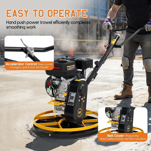 Alt view image 5 of 7 - Commercial Power Trowel, 24" Concrete Finisher with Float Pan | 6.5 HP Gas Engine Walk-Behind Operation 4 Blades Trowel System Smooth Surface Finishing Contractor Jobsite Use