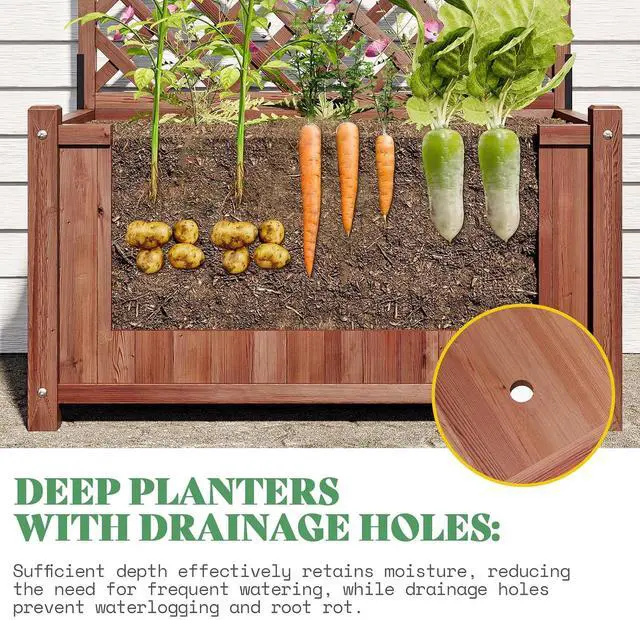 Alt view image 7 of 7 - Raised Garden Bed with Trellis for Vegetables, Climbing Plants, Durable Natural Wood Planter Box with Drainage Holes, Privacy Planter for Outdoor Yard & Patio, Easy Assembly