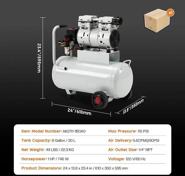 Alt view image 2 of 7 - 8 Gallon Oil-Free Air Compressor with Automatic Drain Valve | 1 HP Wheeled Tank Portable Garage Air Supply 70 dB Noise Level Pneumatic Tool Tire Inflation Use