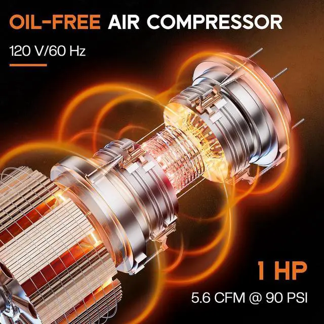 Alt view image 3 of 7 - 8 Gallon Oil-Free Air Compressor with Automatic Drain Valve | 1 HP Wheeled Tank Portable Garage Air Supply 70 dB Noise Level Pneumatic Tool Tire Inflation Use