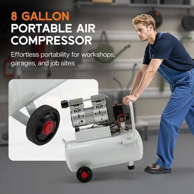 Alt view image 7 of 7 - 8 Gallon Oil-Free Air Compressor with Automatic Drain Valve | 1 HP Wheeled Tank Portable Garage Air Supply 70 dB Noise Level Pneumatic Tool Tire Inflation Use