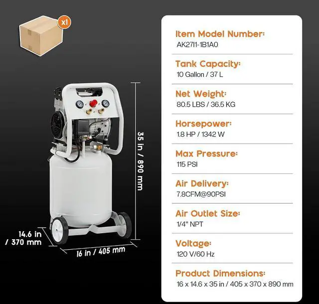 Alt view image 2 of 7 - 10 Gallon Electric Air Compressor, 1.8 HP Vertical Wheeled Tank | Oil-Free Air Compressor with Copper Motor 115 PSI Max Pneumatic Tool Tire Inflation Use