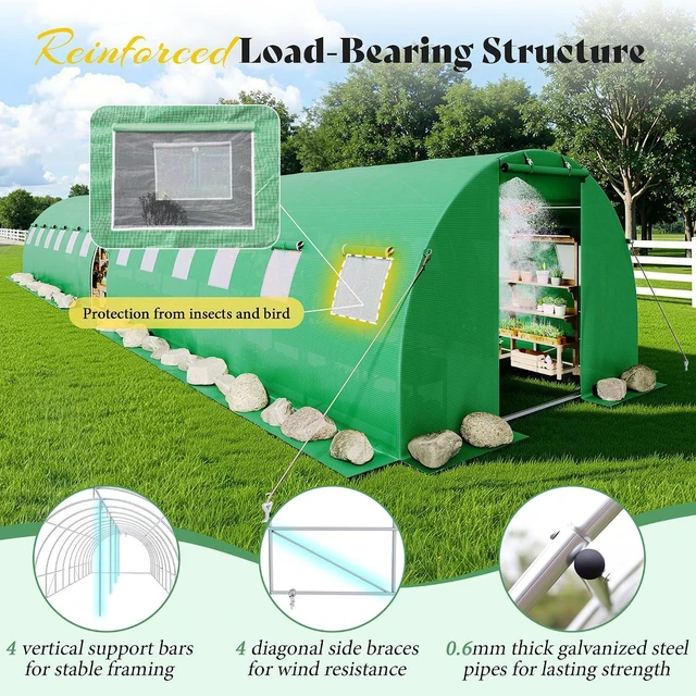 Alt view image 4 of 7 - 44×10 FT Large Walk-in Tunnel Greenhouse with Watering System, Heavy Duty Greenhouse with 4 Support Poles & 4 Doors, Outdoor Greenhouse with Mesh Windows, UV-Proof PE Cover, Green