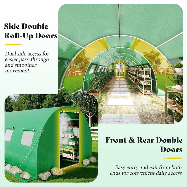 Alt view image 5 of 7 - 44×10 FT Large Walk-in Tunnel Greenhouse with Watering System, Heavy Duty Greenhouse with 4 Support Poles & 4 Doors, Outdoor Greenhouse with Mesh Windows, UV-Proof PE Cover, Green