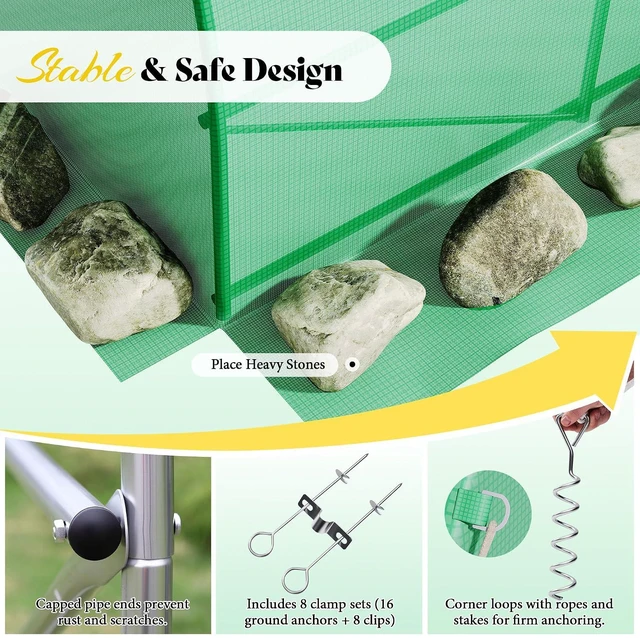 Alt view image 7 of 7 - 44×10 FT Large Walk-in Tunnel Greenhouse with Watering System, Heavy Duty Greenhouse with 4 Support Poles & 4 Doors, Outdoor Greenhouse with Mesh Windows, UV-Proof PE Cover, Green