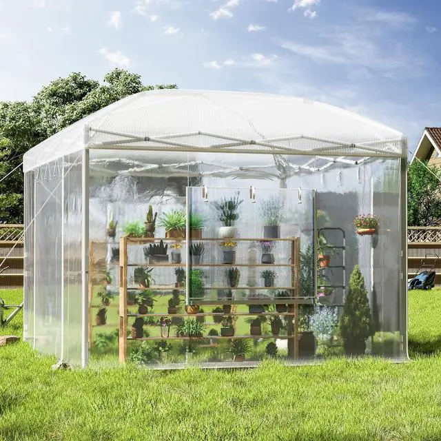 Main image of 10×10×8.5 FT Portable Walk-in Greenhouse for Indoor & Outdoor Use, Pop-Up Greenhouse with Adjustable Reinforced Frame, Roll-Up Zipper Doors, Ventilation Windows & PE Cover, White