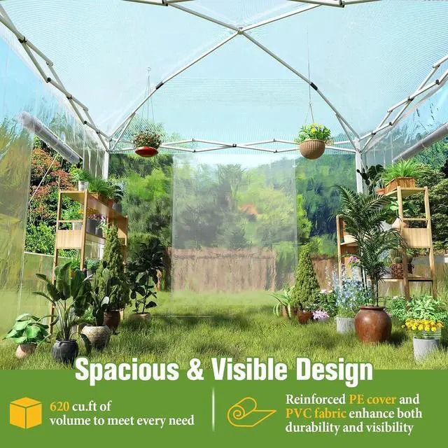 Alt view image 4 of 7 - 10×10×8.5 FT Portable Walk-in Greenhouse for Indoor & Outdoor Use, Pop-Up Greenhouse with Adjustable Reinforced Frame, Roll-Up Zipper Doors, Ventilation Windows & PE Cover, White