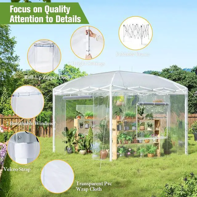 Alt view image 6 of 7 - 10×10×8.5 FT Portable Walk-in Greenhouse for Indoor & Outdoor Use, Pop-Up Greenhouse with Adjustable Reinforced Frame, Roll-Up Zipper Doors, Ventilation Windows & PE Cover, White