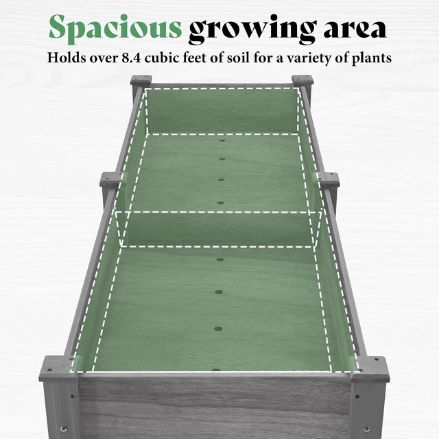 Alt view image 7 of 7 - Raised Garden Bed, 72x24x30 Inches Elevated Wood Planter Box with Legs, Bed Liner, Divider and Drainage System for Backyard, Patio, 300 lb Capacity - Grey