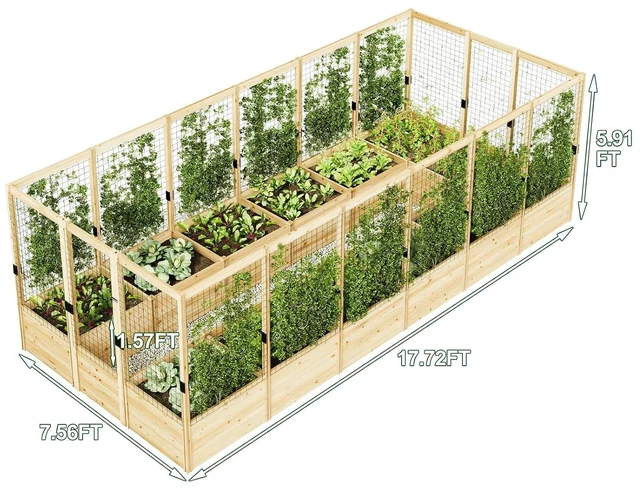 Alt view image 2 of 7 - Raised Garden Bed with Deer Proof Fence, 7.5Wx17Dx6H Outdoor Wooden Raised Garden Bed Planter with 19" Depth Planter Box