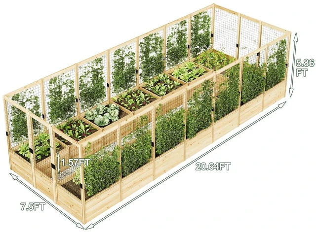 Alt view image 3 of 7 - Outdoor Raised Garden Bed with Deer Proof Fence, Wooden Raised Garden Bed with 19" Depth Planter Box, 7.5Wx20Dx6H Planter with Fence