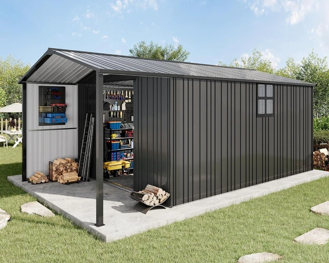 Main image of 10x16.6x7.3 FT Outdoor Storage Shed with Lounge Area, Metal Shed with Sliding Doors, 2 4-Pane Windows & 4 Vents, Heavy-Duty Weather-Resistant Steel for Backyard & Garden, Dark Gray