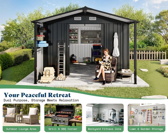 Alt view image 3 of 7 - 10x16.6x7.3 FT Outdoor Storage Shed with Lounge Area, Metal Shed with Sliding Doors, 2 4-Pane Windows & 4 Vents, Heavy-Duty Weather-Resistant Steel for Backyard & Garden, Dark Gray
