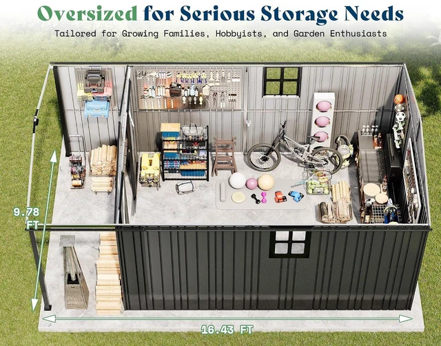 Alt view image 4 of 7 - 10x16.6x7.3 FT Outdoor Storage Shed with Lounge Area, Metal Shed with Sliding Doors, 2 4-Pane Windows & 4 Vents, Heavy-Duty Weather-Resistant Steel for Backyard & Garden, Dark Gray