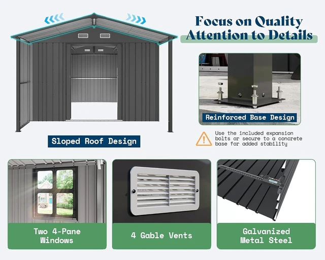 Alt view image 6 of 7 - 10x16.6x7.3 FT Outdoor Storage Shed with Lounge Area, Metal Shed with Sliding Doors, 2 4-Pane Windows & 4 Vents, Heavy-Duty Weather-Resistant Steel for Backyard & Garden, Dark Gray