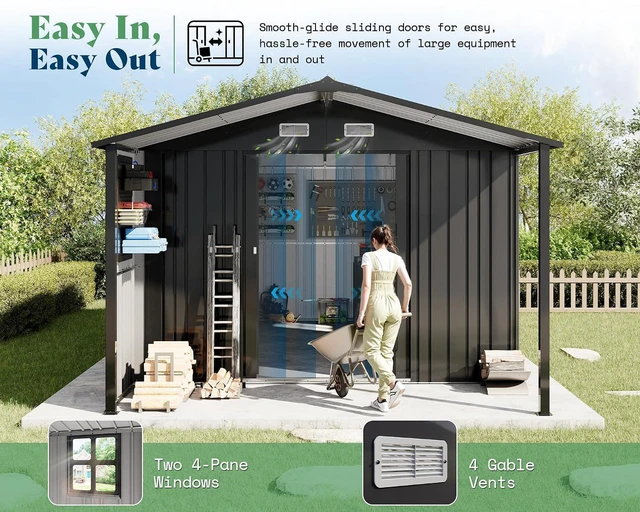 Alt view image 5 of 7 - 10x16.6x7.3 FT Outdoor Storage Shed with Lounge Area, Metal Shed with Sliding Doors, 2 4-Pane Windows & 4 Vents, Heavy-Duty Weather-Resistant Steel for Backyard & Garden, Dark Gray