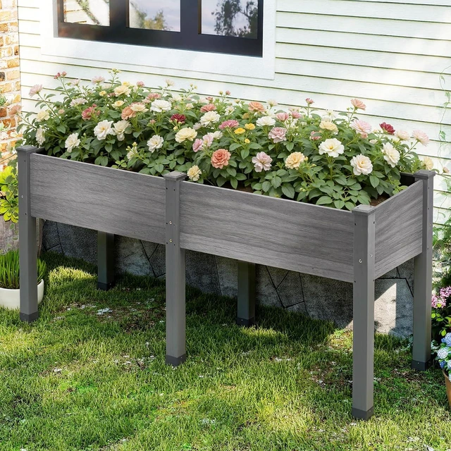 Main image of Raised Garden Bed, 72x24x30 Inches Elevated Wood Planter Box with Legs, Bed Liner, Divider and Drainage System for Backyard, Patio, 300 lb Capacity - Grey