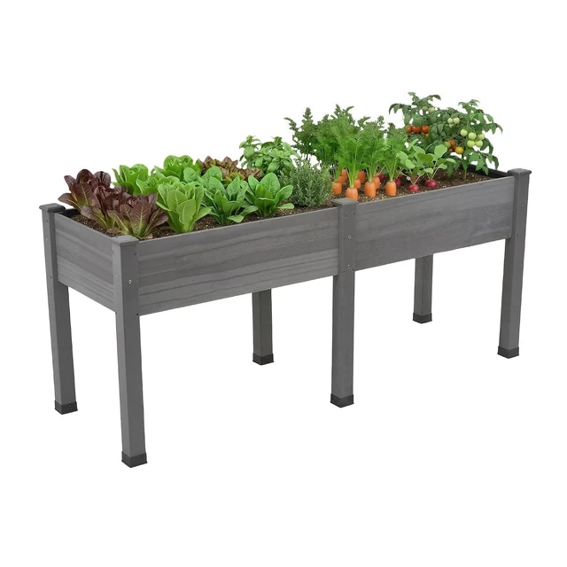 Alt view image 5 of 7 - Raised Garden Bed, 72x24x30 Inches Elevated Wood Planter Box with Legs, Bed Liner, Divider and Drainage System for Backyard, Patio, 300 lb Capacity - Grey