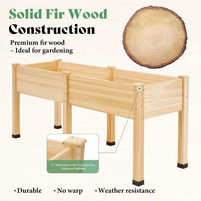 Alt view image 6 of 7 - Raised Garden Bed, 72x24x30 Inches Elevated Wood Planter Box with Legs, Bed Liner, Divider and Drainage System for Backyard, Patio, 300 lb Capacity - Light Wood