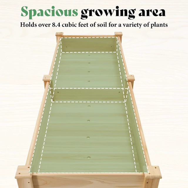 Alt view image 7 of 7 - Raised Garden Bed, 72x24x30 Inches Elevated Wood Planter Box with Legs, Bed Liner, Divider and Drainage System for Backyard, Patio, 300 lb Capacity - Light Wood