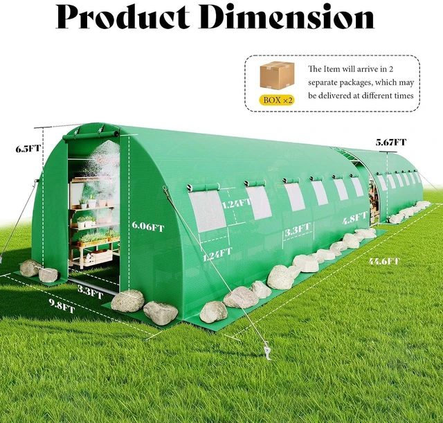 Alt view image 2 of 7 - 44×10 FT Large Walk-in Tunnel Greenhouse with Watering System, Heavy Duty Greenhouse with 4 Support Poles & 4 Doors, Outdoor Greenhouse with Mesh Windows, UV-Proof PE Cover, Green