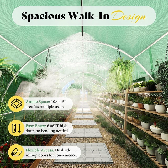 Alt view image 6 of 7 - 44×10 FT Large Walk-in Tunnel Greenhouse with Watering System, Heavy Duty Greenhouse with 4 Support Poles & 4 Doors, Outdoor Greenhouse with Mesh Windows, UV-Proof PE Cover, Green