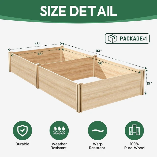Alt view image 5 of 7 - 8x4 Ft Wood Raised Garden Bed, Durable 15 Inch Depth Planter Box for Vegetables, Herbs, and Flowers, Ideal for Outdoor Gardening with Open Base